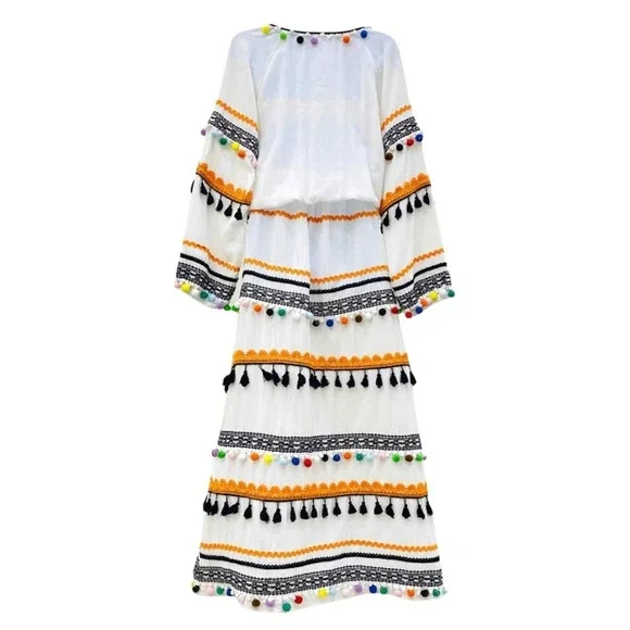 Dodo Bar Or Striped Pom Pom Maxi Dress Multi‎ Color Medium Boho Festival NEW - Picture 8 of 12